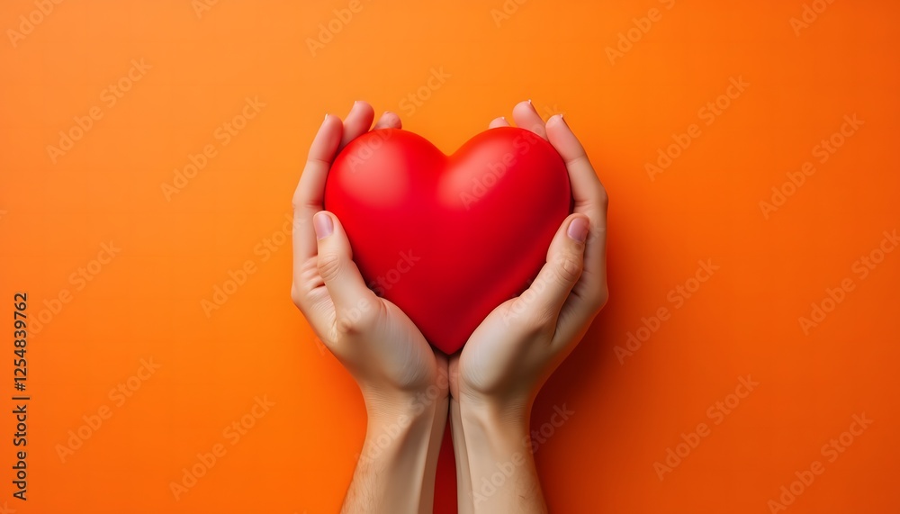 Obraz premium Hands Holding Red Heart Symbol of Love and Compassion on Gray Background