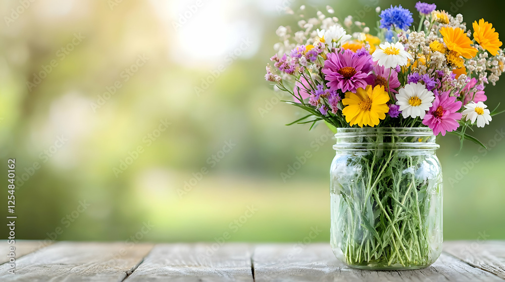 Wildflower bouquet in jar, garden background, summer Wildflower bouquet in jar, garden background, summer