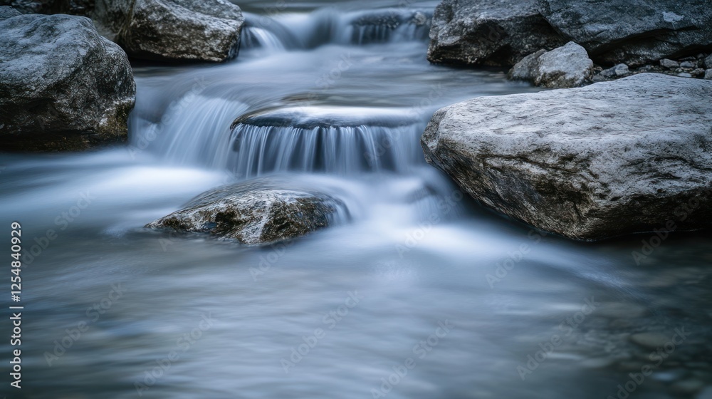 Serene mountain stream cascading over rocks, nature background, tranquil scene