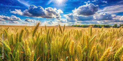 Wheat and tares growing together in a field with lush greenery and vibrant colors amidst a blue sky with fluffy white clouds, fields, agricultural scene photo