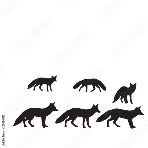 fox silhouettes on the white background,  a silhouette of a fox , featuring a pensive pose. the style is characterized by dark black and light black tones, showcasing bold  black fox silhouettes 
