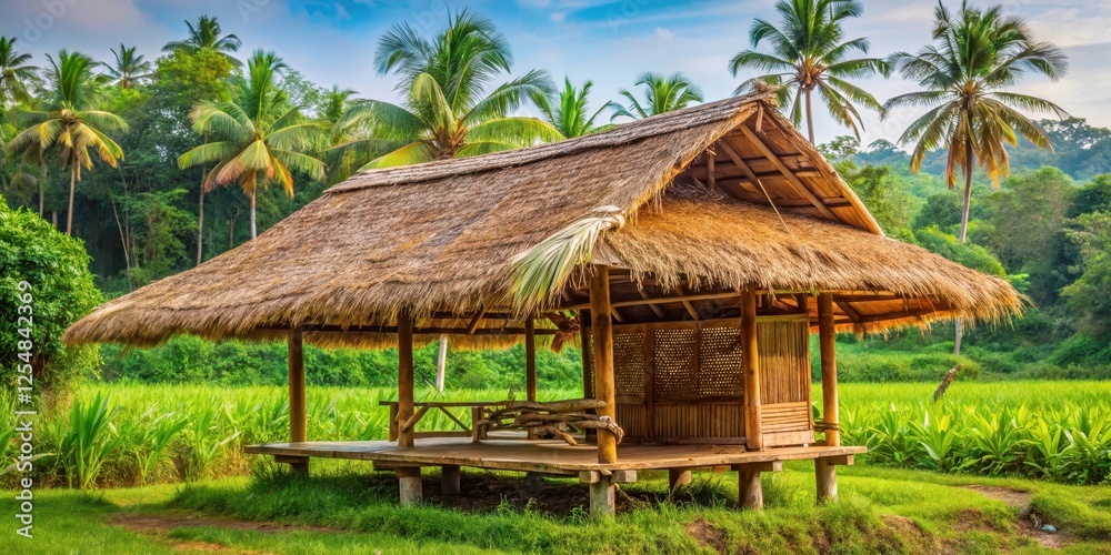 Traditional Southeast Asian style nipa hut with a curved roof and wooden beams stands alone in the heart of nature , rustic charm , vintage nipa hut