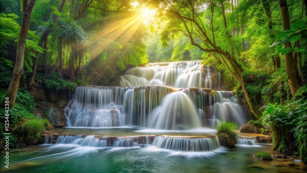 Obraz premium A serene scenic view of Huay Mae Kamin waterfall amidst lush green forest foliage with sunlight filtering through trees and mist rising from the water, forest landscape, waterfall scenery