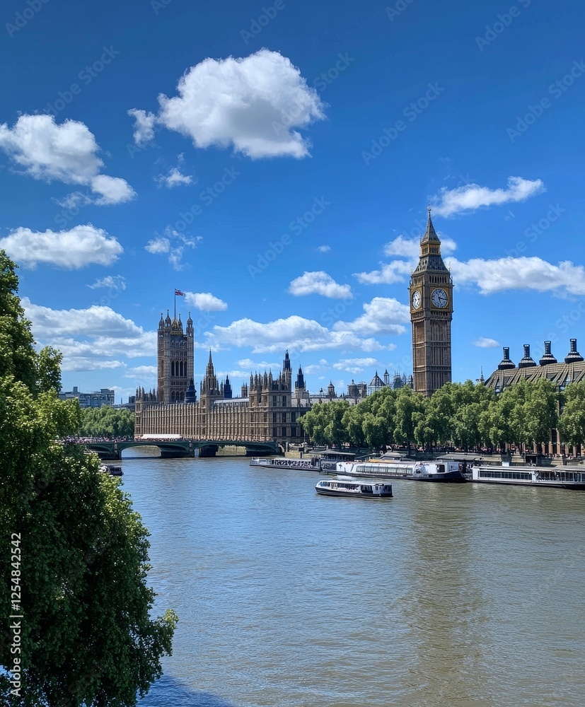 Scenic view of the Houses of Parliament and Big Ben in London, England, with a river, boats, and lush trees. Scenic view of the Houses of Parliament and Big Ben in London, England, with a river, boats, and lush trees.
