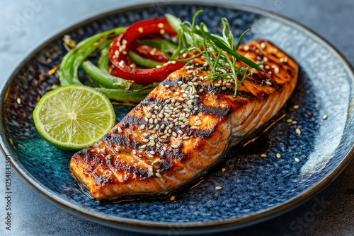 Grilled salmon fillet with sesame seeds, served with grilled vegetables and lime. Perfect for restaurant menus, culinary websites, or healthy eating content. photo