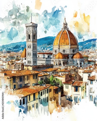 View of the main cathedral in Florence, watercolor style