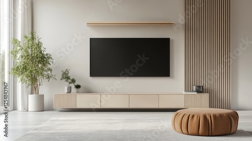 Elegant TV cabinet in natural earth tones, highlighted by fluted panels and a matching floating rack above.