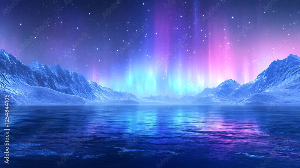 Naklejka premium Aurora Borealis Displaying Bright Colors Over Icy Fjord