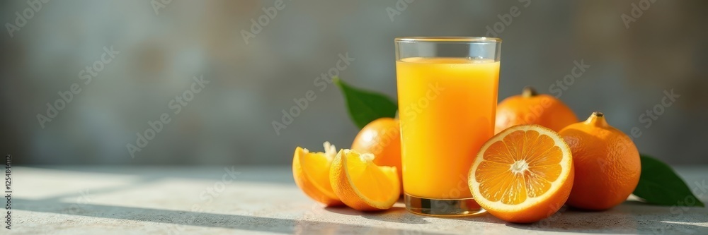 Fresh orange juice in glass beside juicy oranges , yellow, fruit Fresh orange juice in glass beside juicy oranges , yellow, fruit