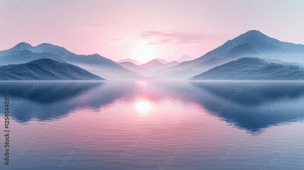 Obraz premium Serene Sunrise Over Misty Mountains and Calm Lake