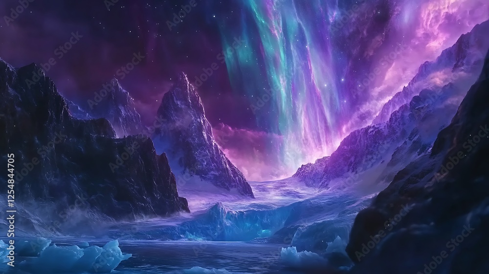 Fototapeta premium Brilliant Aurora Borealis Over Snowy Fjord at Night