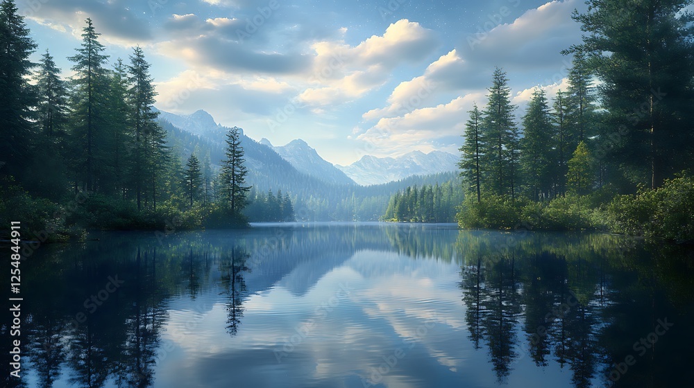 Fototapeta premium Glowing Aurora Borealis Above Quiet Lake with Pine Forest