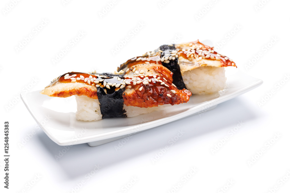 Unagi sushi beautifully arranged on plate Unagi sushi beautifully arranged on plate