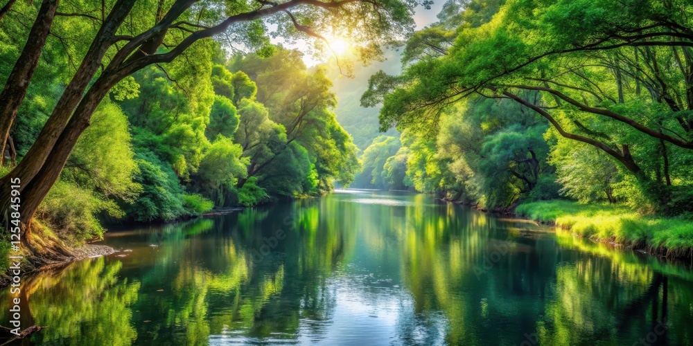 Serpentine river meanders through a tapestry of emerald foliage, with sunlight filtering through the canopy above Serpentine river meanders through a tapestry of emerald foliage, with sunlight filtering through the canopy above