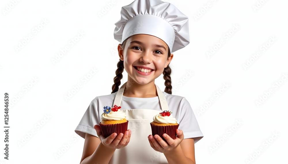 Happy Young Girl in Chef Outfit Holding Frosted Cupcakes Isolated on White Happy Young Girl in Chef Outfit Holding Frosted Cupcakes Isolated on White