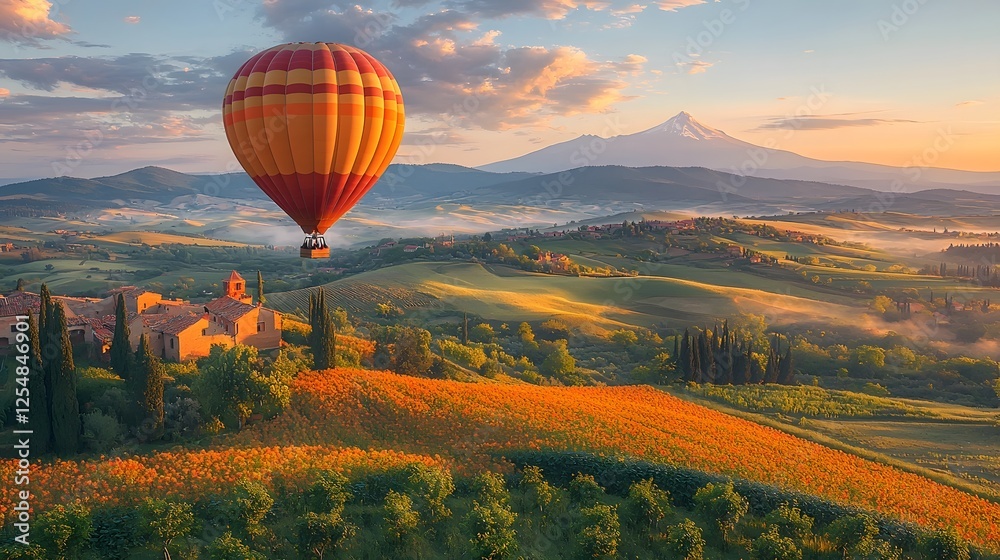 Fototapeta premium Hot air balloon ascending gracefully over a scenic misty mountainous landscape at sunrise creating a dreamy and adventurous mood with ample copy space