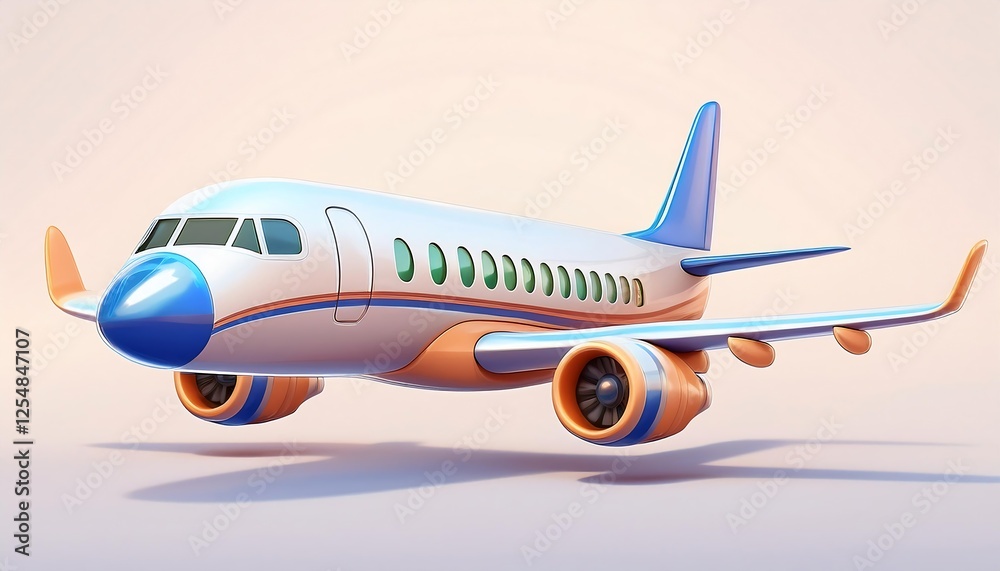 Flying plane icon. Cute, cartoon 3d realistic white airplane with blue portholes and wings, perspective view Flying plane icon. Cute, cartoon 3d realistic white airplane with blue portholes and wings, perspective view