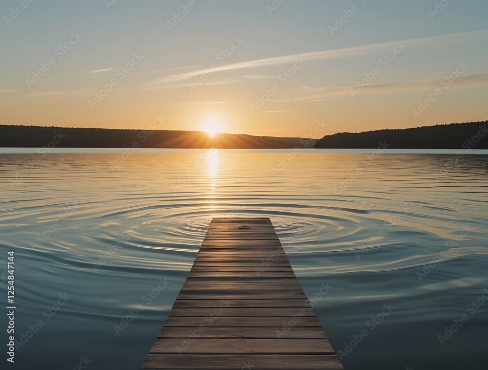 Obraz premium Golden sunset over a serene lake with a wooden pier stretching into the water. The still reflections create a calming, dreamy atmosphere perfect for nature lovers and peaceful moments