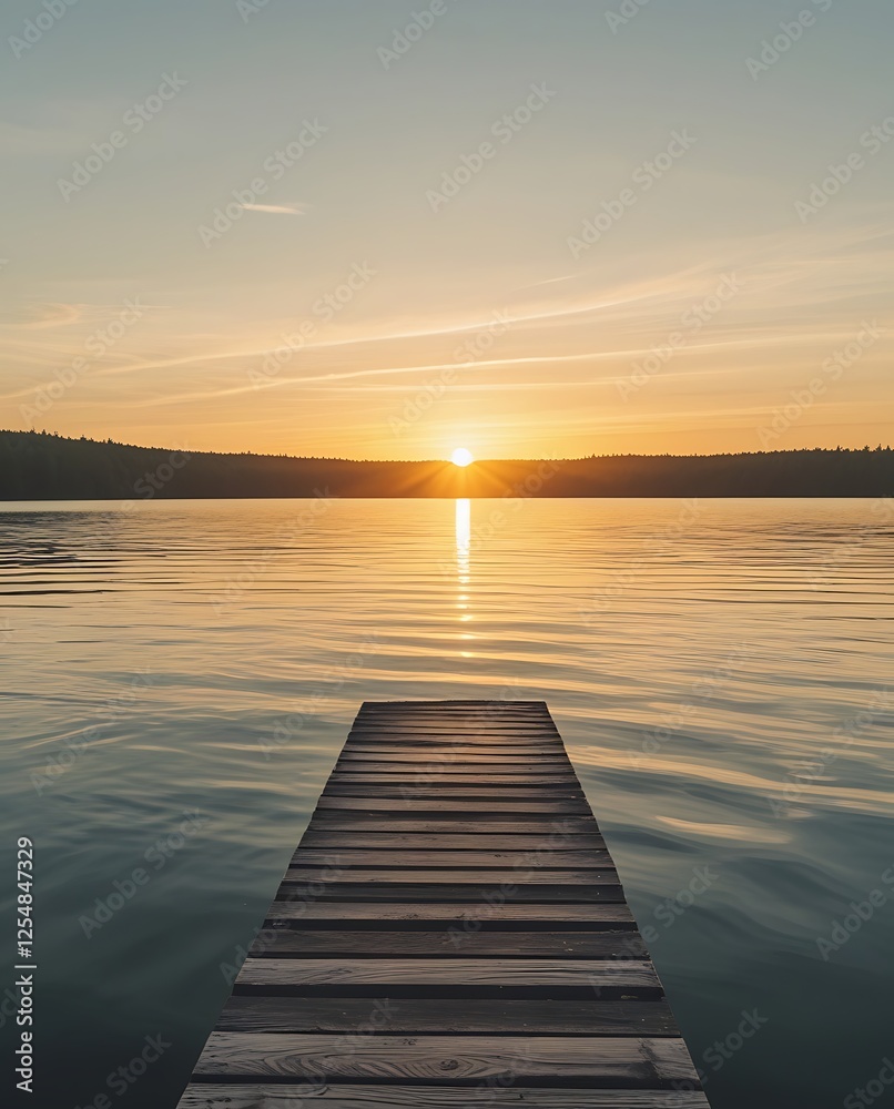 Obraz premium Golden sunset over a serene lake with a wooden pier stretching into the water. The still reflections create a calming, dreamy atmosphere perfect for nature lovers and peaceful moments