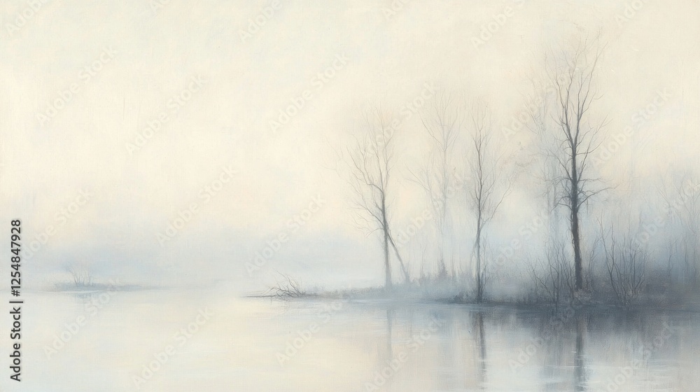 Naklejka premium Misty Morning Lake: Tranquil Water Reflection