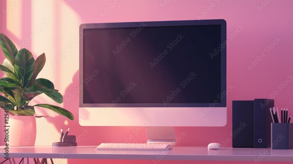 Pink Workspace Aesthetic: Minimalist Computer Setup with Sunlight Pink Workspace Aesthetic: Minimalist Computer Setup with Sunlight
