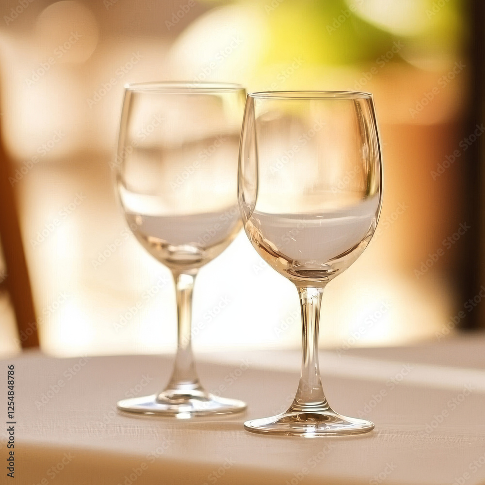Two empty wine glasses stand elegantly on a tablecloth, bathed in soft, diffused light against a blurred background. Two empty wine glasses stand elegantly on a tablecloth, bathed in soft, diffused light against a blurred background.