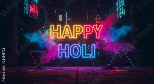 Happy Holi Neon Text with U...