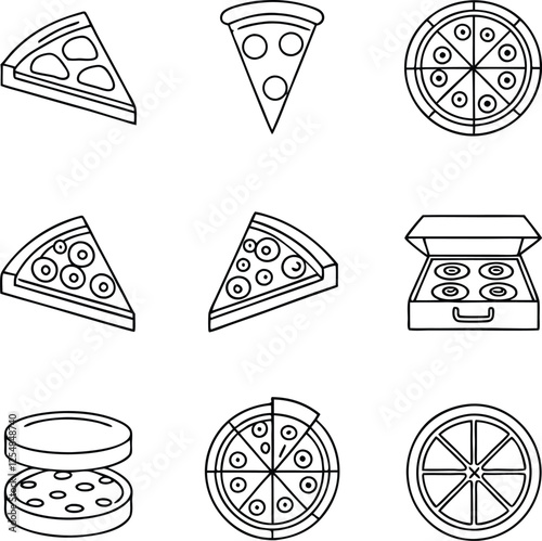 Pizza slices, whole pizzas, and delivery box line art icons