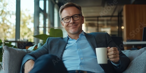 A relaxed businessman enjoying a coffee in a stylish office lounge, exuding an air of professional casualness. photo