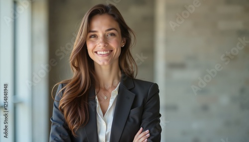 Confident young woman in blazer smiling in modern office setting, business success concept Free Download Confident young woman in blazer smiling in modern office setting, business success concept - GFXLoad