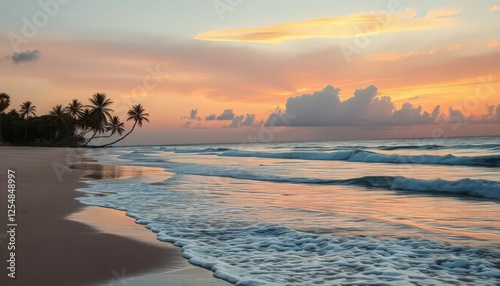 Fototapeta Naklejka Na Ścianę i Meble -  Tropical Sunrise Beach Scene with Majestic Palm Trees