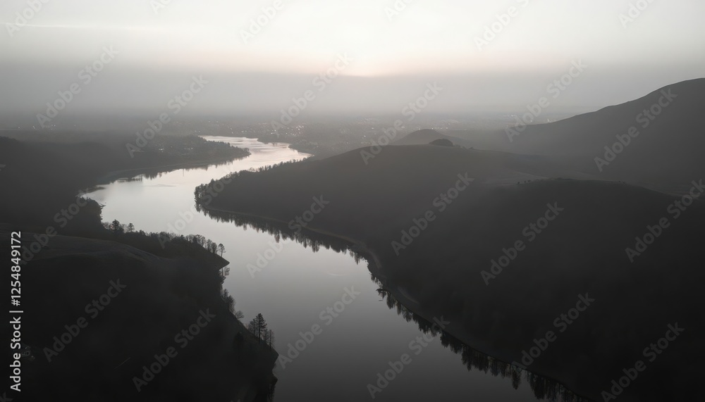 Serene Aerial View of a Winding River Valley at Dawn Serene Aerial View of a Winding River Valley at Dawn