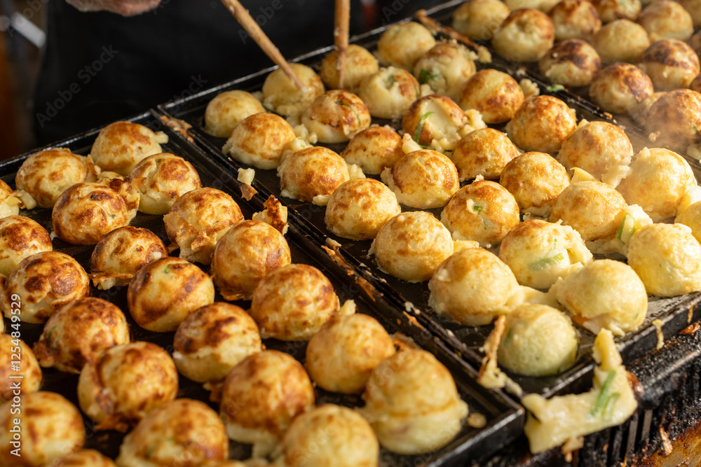 Naklejka premium Fresh hot Takoyaki, a Japanese street food, being prepared with careful skill on a hot plate using wooden sticks. A delightful scene showcasing the intricate culinary process of creating these savory