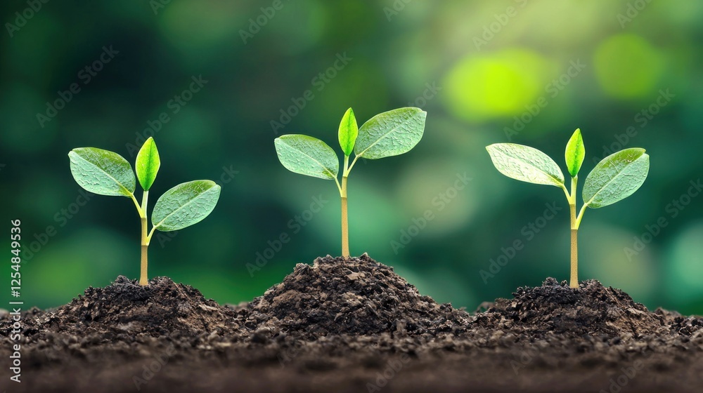 Fototapeta premium Three Young Seedlings Growing in Soil Against a Blurred Green Background