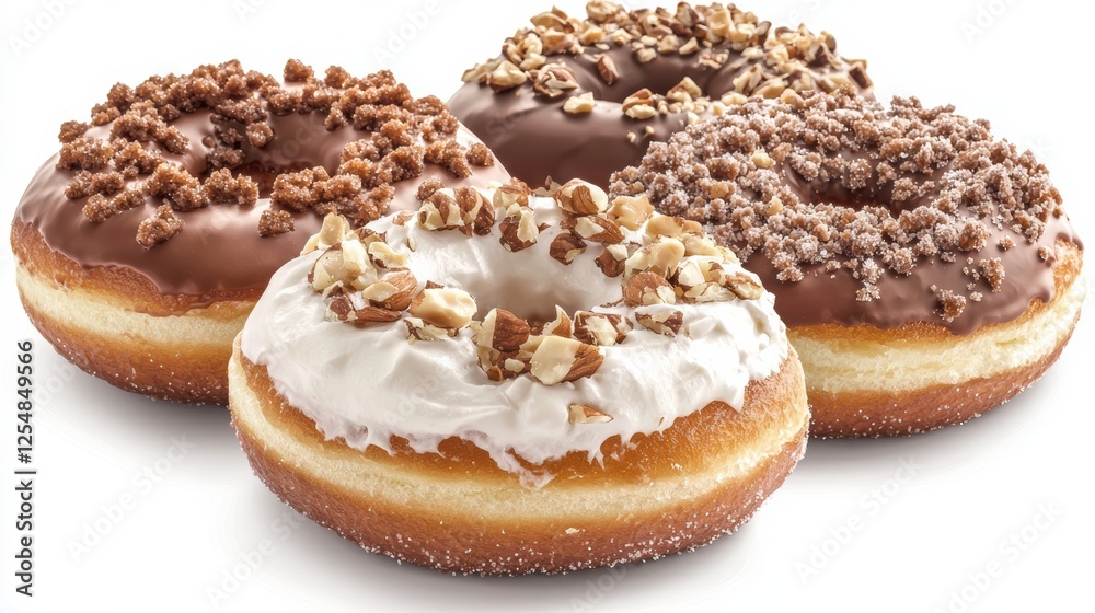 Three delicious donuts chocolate cream sugared and nut topped Three delicious donuts chocolate cream sugared and nut topped