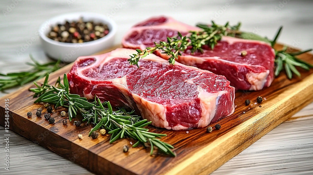 Prime beef cuts steak on a dark wooden cutting board on a dark wooden background with fresh rosemary and black peppercorns, close-up Prime beef cuts steak on a dark wooden cutting board on a dark wooden background with fresh rosemary and black peppercorns, close-up