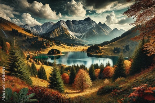 Dramatische Berglandschaft mit See im Herbst photo