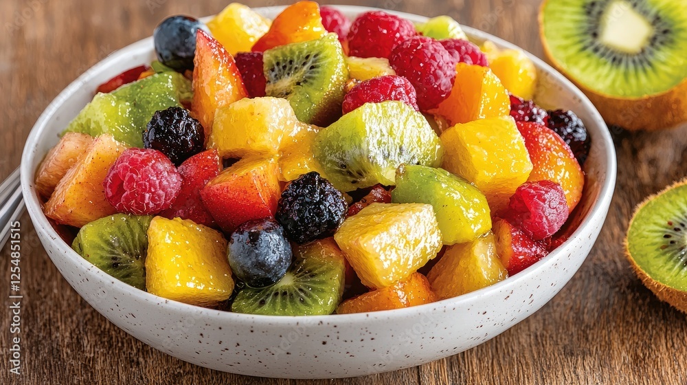 Fresh Fruit Salad in Bowl on Wooden Table; Healthy Snack; Dietary Fresh Fruit Salad in Bowl on Wooden Table; Healthy Snack; Dietary