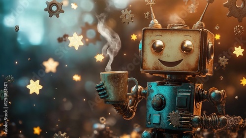 Happy robot enjoying coffee amidst gears and stars; nighttime scene, ideal for tech or AI marketing photo