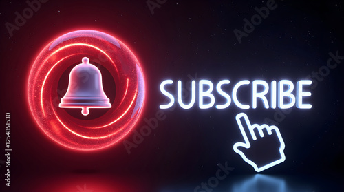YouTube Subscription Notification Bell Icon with Bright Neon Glow and Click Gesture for Audience Engagement and Channel Growth