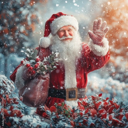 Happy Santa waves in falling snow, a sack of festive greenery and berries over his shoulder.