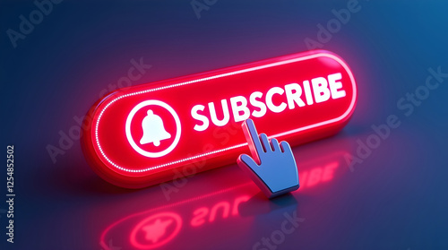YouTube Subscription Notification Bell Icon with Bright Neon Glow and Click Gesture for Audience Engagement and Channel Growth