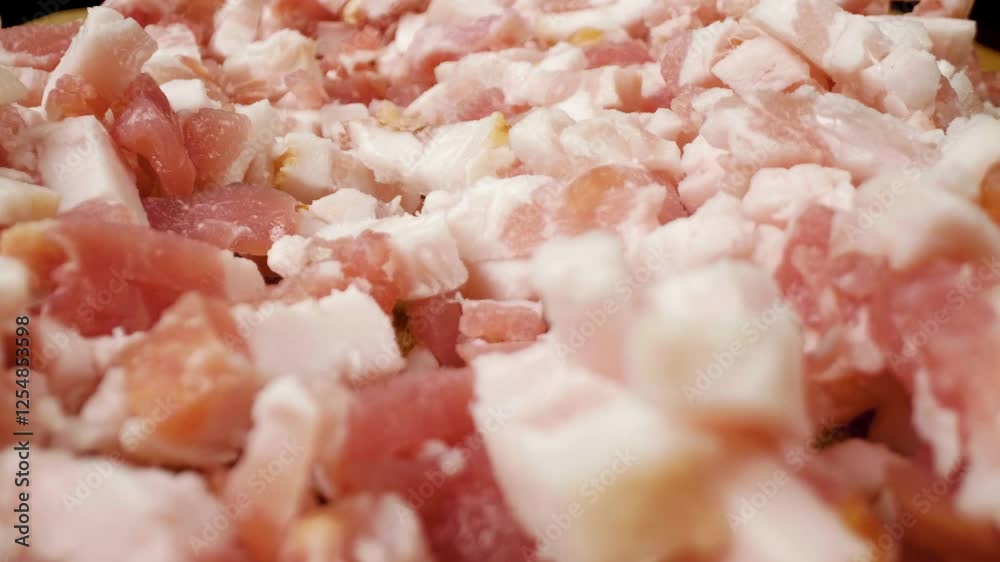 Macro shot of freshly sliced pork pieces moving in a smooth, sliding motion Macro shot of freshly sliced pork pieces moving in a smooth, sliding motion