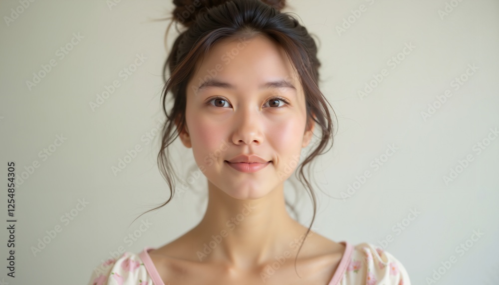 Young woman with serene expression on neutral background, wellness concept Young woman with serene expression on neutral background, wellness concept