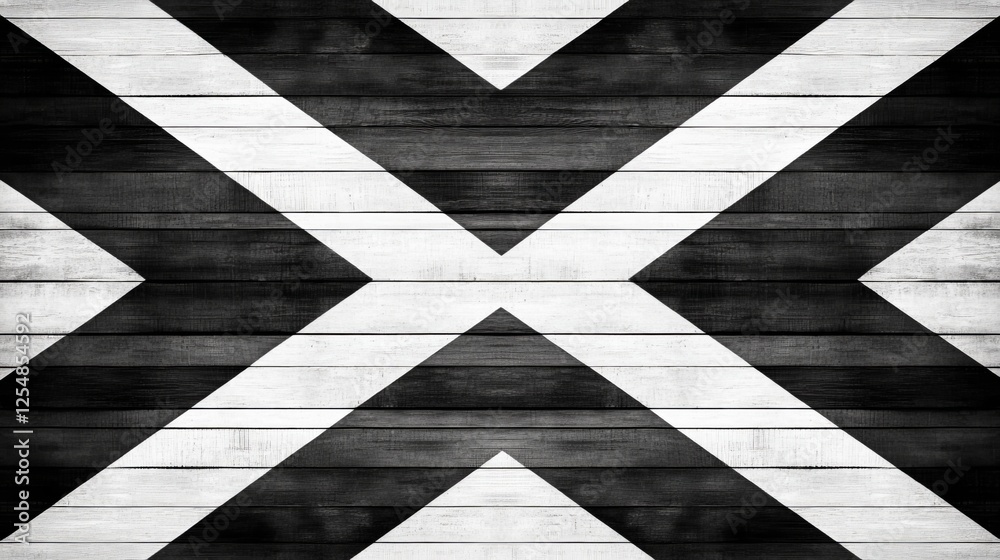 Abstract Black White Chevron Pattern on Wood Plank Surface Intersecting Geometric Lines
