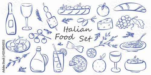 Hand drawn italian food set in doodle style. Chalk crayon sketch dish with pizza, cheese, pasta, croissant, olives, bottle wine, italy ingredients. Charcoal collection of dinners for menu. Vector illu