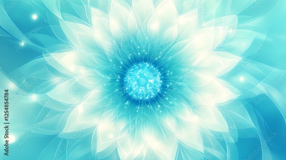Abstract Blooming Flower with Teal Blue and White Petals and Central Starburst Design