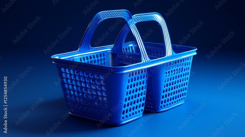 Fototapeta premium Floating blue market basket collection, smooth plastic texture, modern retail aesthetic, sleek commercial styling, dramatic product angles, studio lighting setup, premium 3D visualization, e-commerce