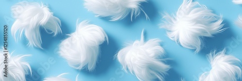 Fluffy white fibers on blue background. Soft texture.  White clouds. AI generated