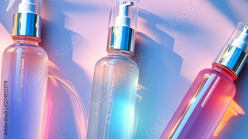 Three bottles of perfume are lined up on a table, with one bottle in the middle and two on the right. The bottles are all different colors, and the table is set against a blue background